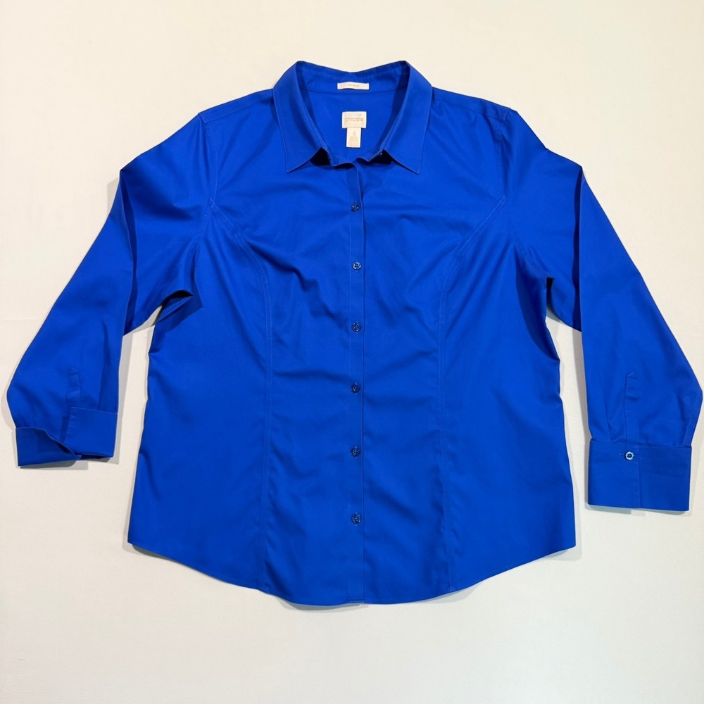 Chicos Shirt Womens 3 XL Blue Cotton No Iron Button Down Blouse OfficeSiren